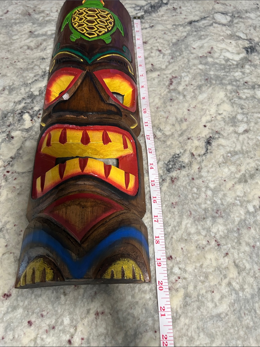Hand-Painted Wooden Tiki Mask with Turtle Motif - Brown, Green & Red - Picture 4 of 7